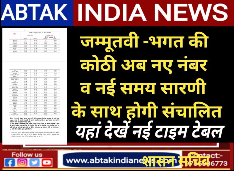 जम्मूतवी-भगत की कोठी-जम्मूतवी रेलसेवा अब नये नम्बर व समय सारणी से संचालित होगी