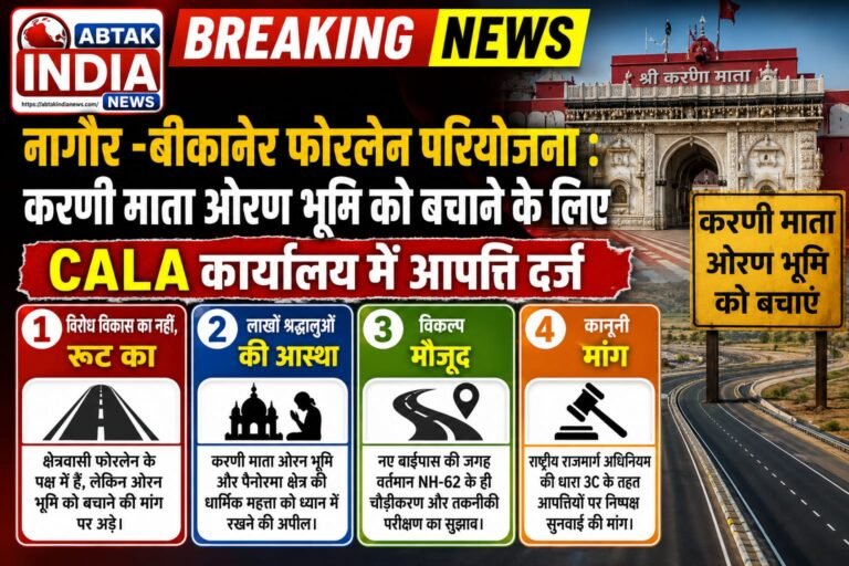 नागौर–बीकानेर फोरलेन परियोजना  : करणी माता ओरण भूमि को बचाने के लिए CALA कार्यालय में कांग्रेस सीए प्रकोष्ठ  अध्यक्ष मुंधड़ा  ने दर्ज करवाई आपत्ति